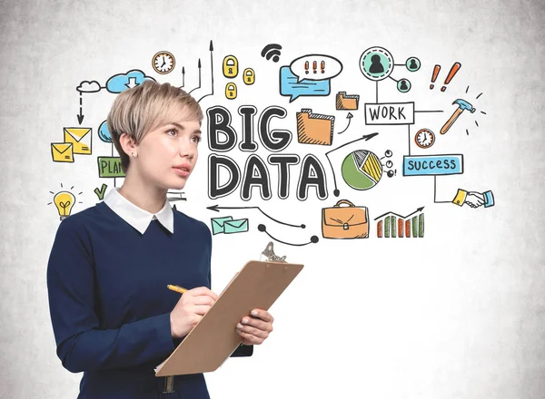 Thoughtful woman with clipboard, big data sketch — Stock Photo, Image