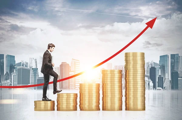 Man climbing money stairs in city — Stock Photo, Image