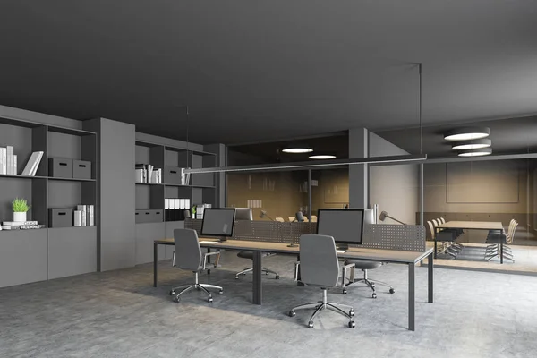 Corner of grey open space office with meeting room — Stock Photo, Image