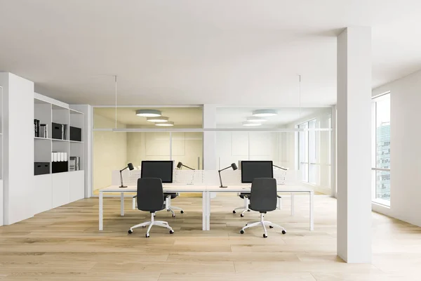 Branco e amarelo espaço aberto escritório interior — Fotografia de Stock