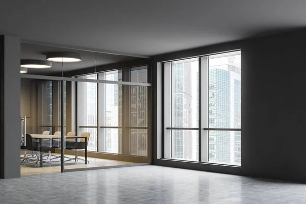 Moderno salón de oficinas con sala de reuniones gris —  Fotos de Stock