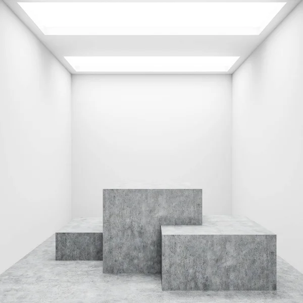Εσωτερικό του λευκού δωματίου με τρία ράφια από μπετόν — Φωτογραφία Αρχείου