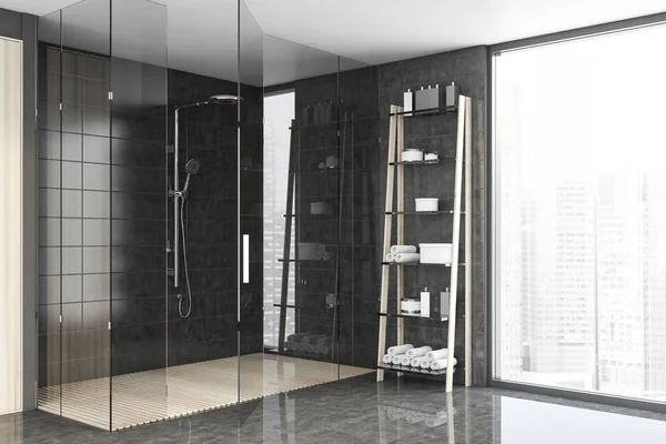 Gray tile bathroom corner with shower — Stock Photo, Image