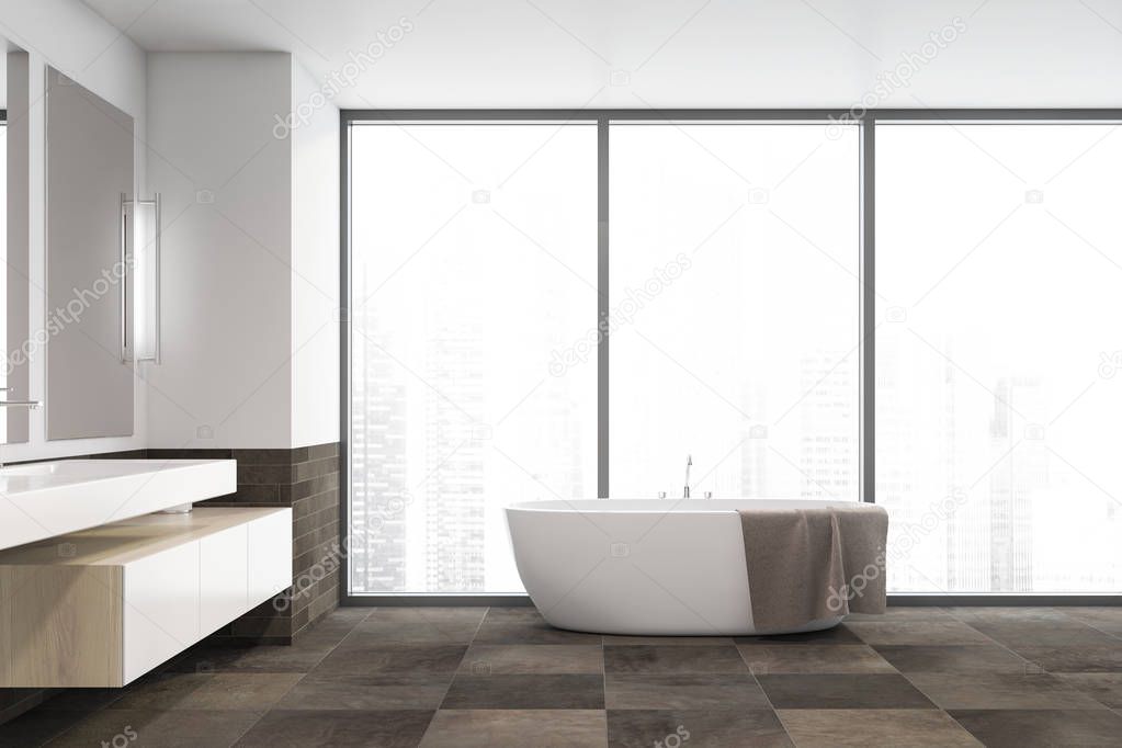 Panoramic white and gray bathroom interior