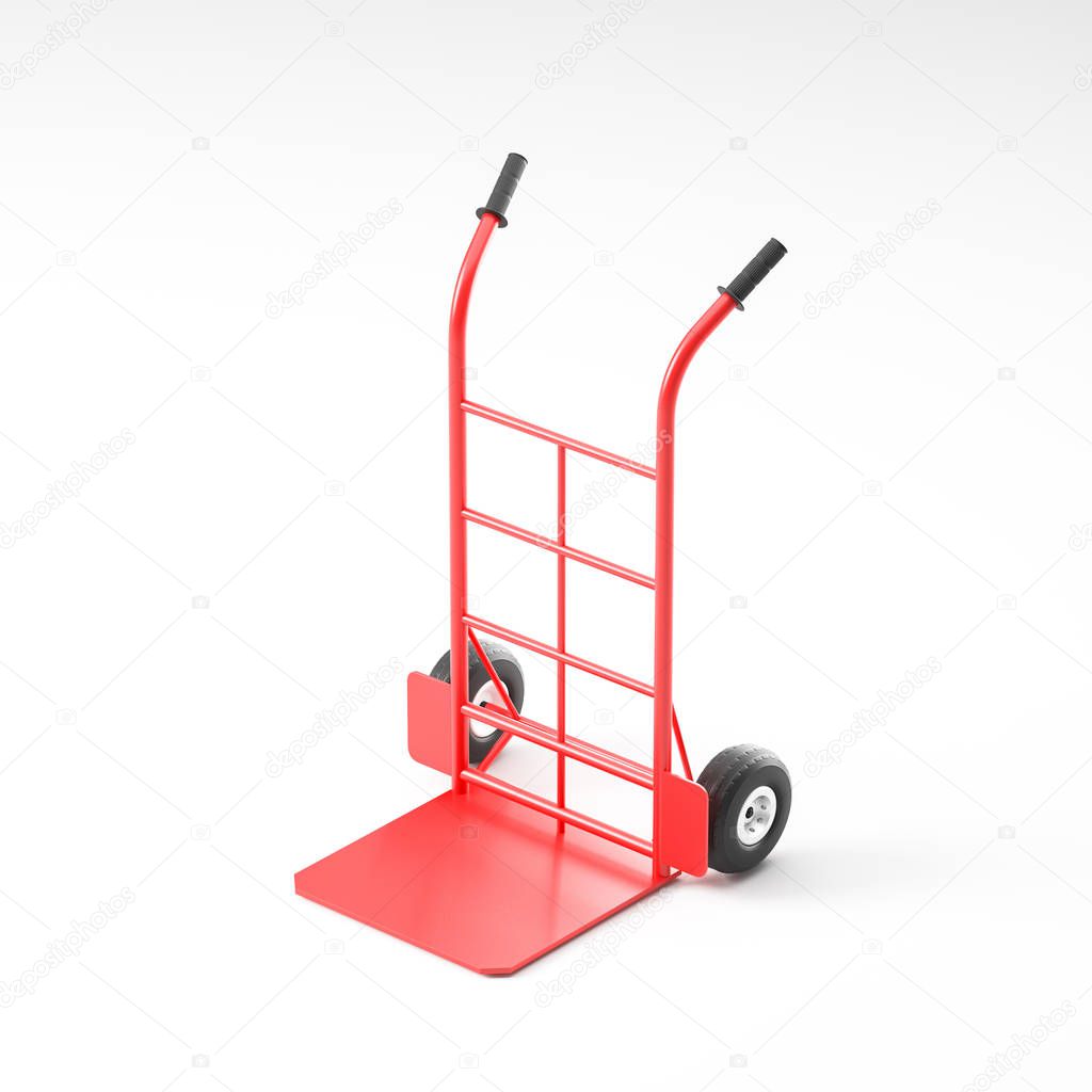 Empty red hand truck over white background