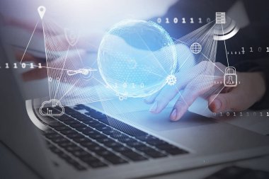 Ofisinde aletleri olan kadın ve erkek, büyük veriler.