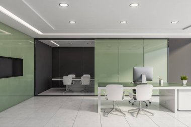 Toplantı odası olan yeşil ve gri ofis