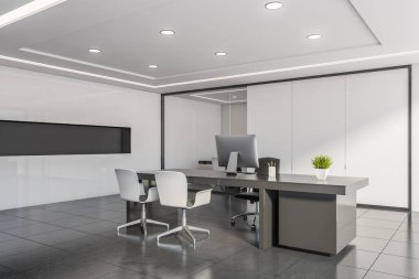 Toplantı odası olan beyaz ve gri Ceo ofisi.