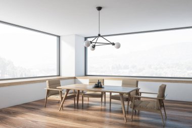 Bej sandalyeli panoramik beyaz yemek odası