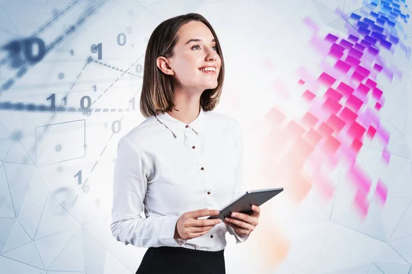 Giovane studente sorridente con tablet, rete — Foto Stock