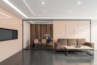 Kahverengi kanepeli bej ofis bekleme odası