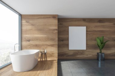 Küvet ve posterli ahşap panoramik banyo