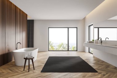 Beyaz ve koyu ahşap banyo iç