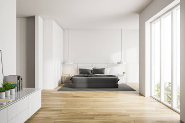 Kitaplığı olan beyaz yatak odası.