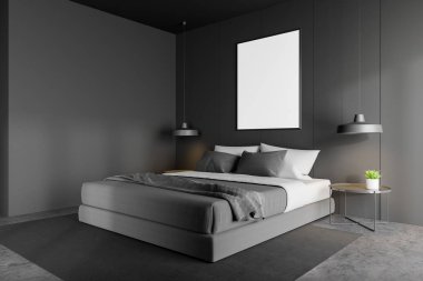 Minimalist gri ana yatak odası köşesi posterli.