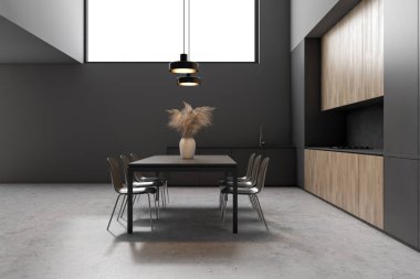 Gri yemek odasının yan görünümü