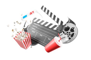 Film alkışları, patlamış mısır ve beyaz makaralar.