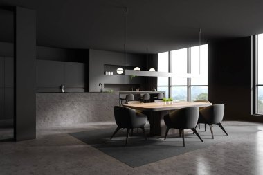 Koyu gri köşe mutfak ve yemek odası