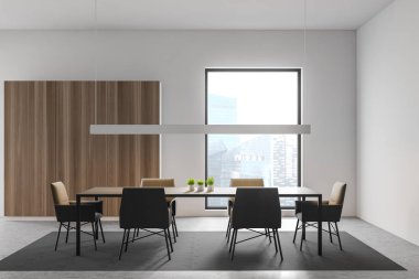 Beyaz yemek odasının içi gardırop dolu.