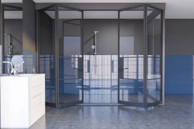 Gri ve mavi banyo içi, lavabo ve duş.