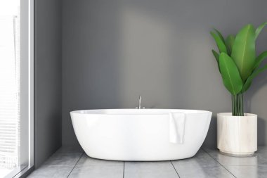 Küvet ve bitkilerle dolu gri banyo.