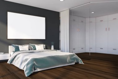 Yatay posterli gri ana yatak odası köşesi