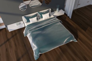 Gri yatak odasının aynalı üst manzarası