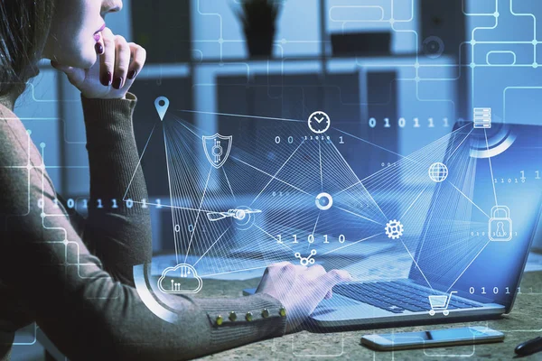 Businesswoman with laptop, cloud computer — Stock Photo, Image