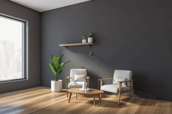 Gray living room corner with white armchairs