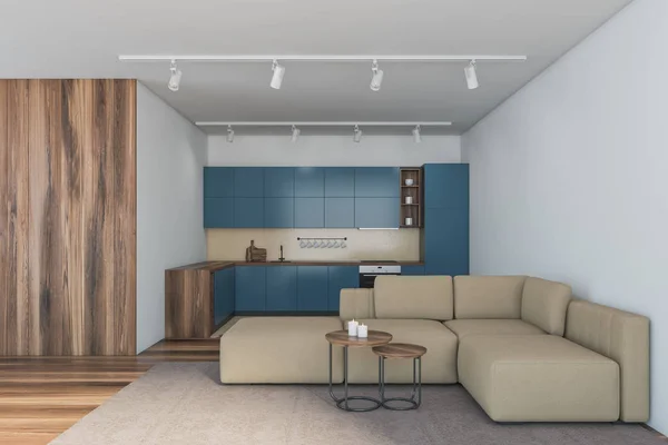 Cozinha azul e de madeira e sala de estar — Fotografia de Stock