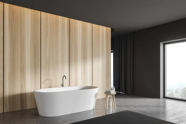 Angolo bagno in legno e grigio con vasca — Foto Stock