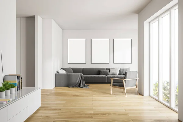 White living room with poster gallery and books — Stock Photo, Image