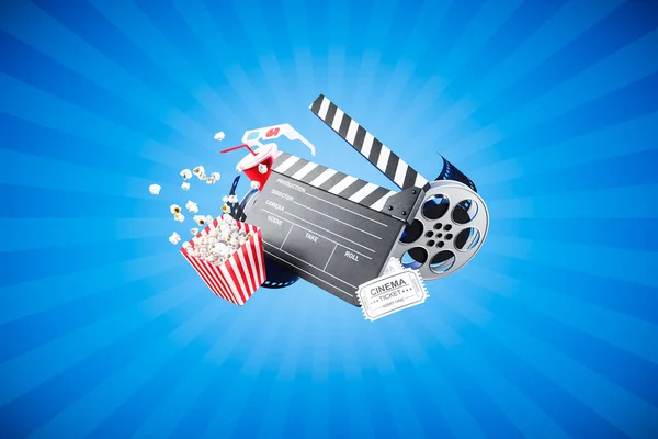 Clapper board, popcorn e bicchieri 3d su blu — Foto Stock