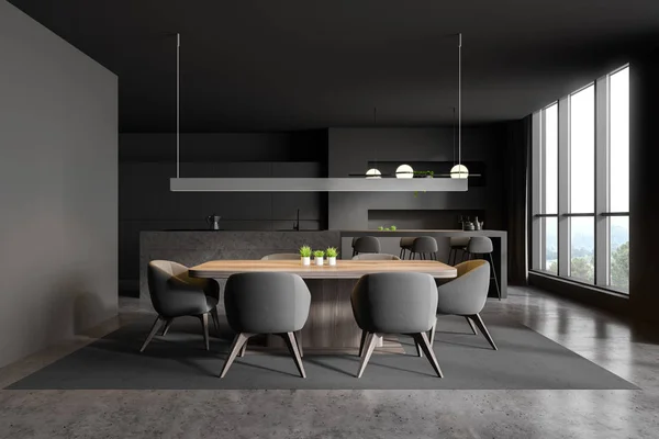 Cucina grigio scuro e sala da pranzo interno — Foto Stock