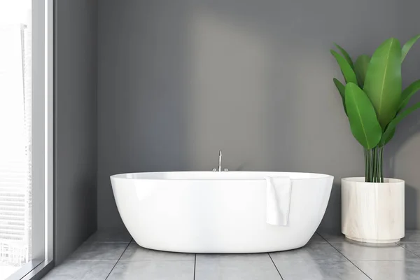 Bagno grigio interno con vasca e impianto — Foto Stock