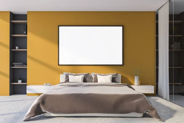 Yellow master bedroom with horizontal poster