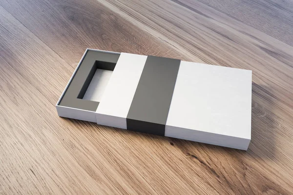 Caixa de papelão branca e cinza aberta na mesa de madeira — Fotografia de Stock