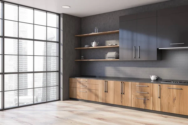 Panoramische graue Küchenecke, Holzarbeitsplatten — Stockfoto