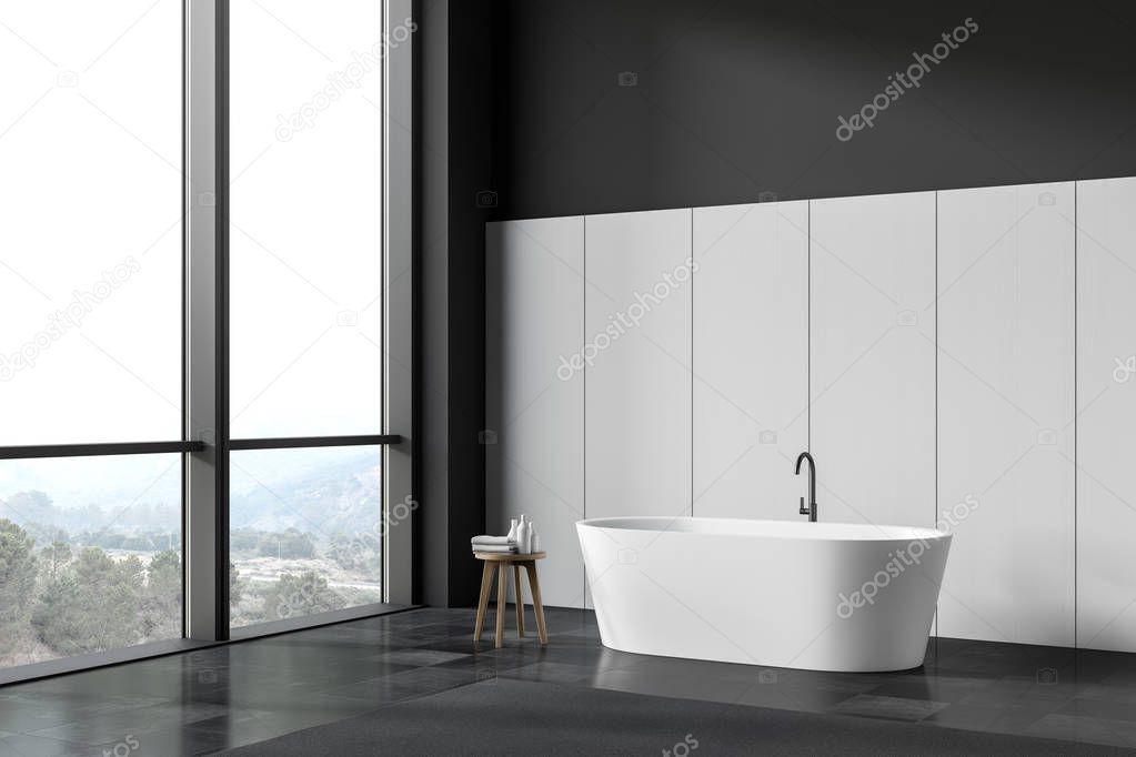 Black and white bathroom corner with tub