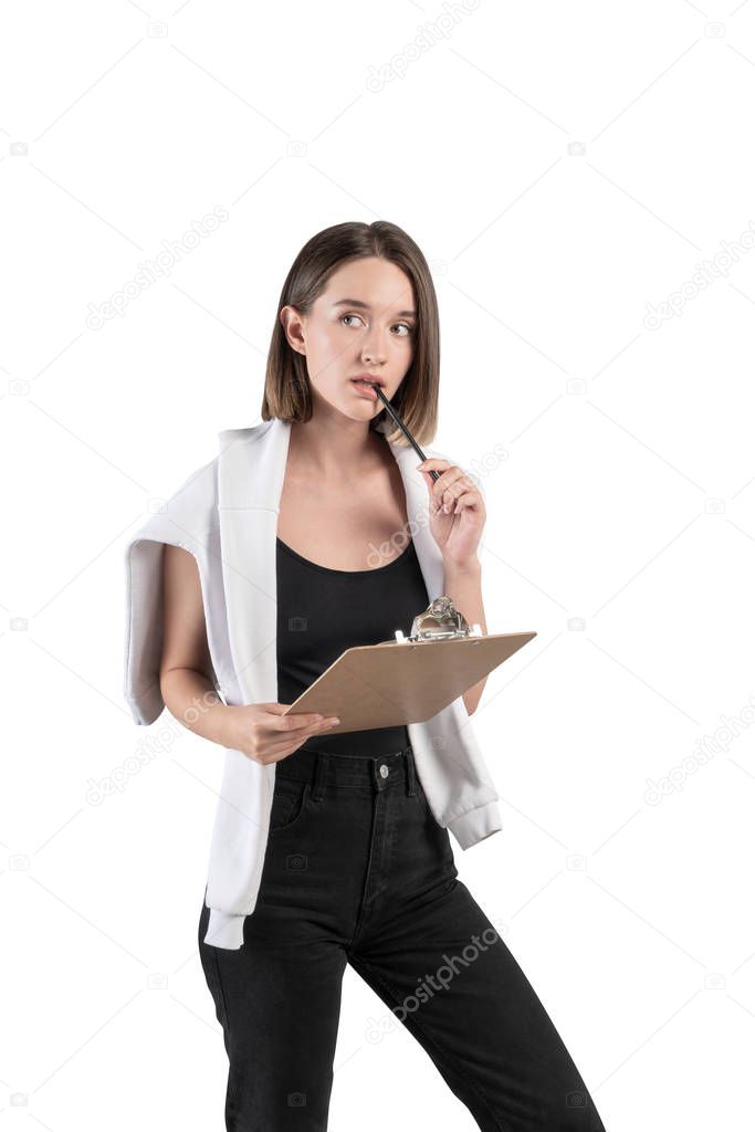 Thoughtful casual woman with clipboard, isolated