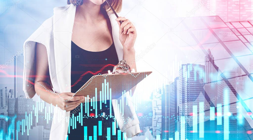 Woman with clipboard in city, digital chart