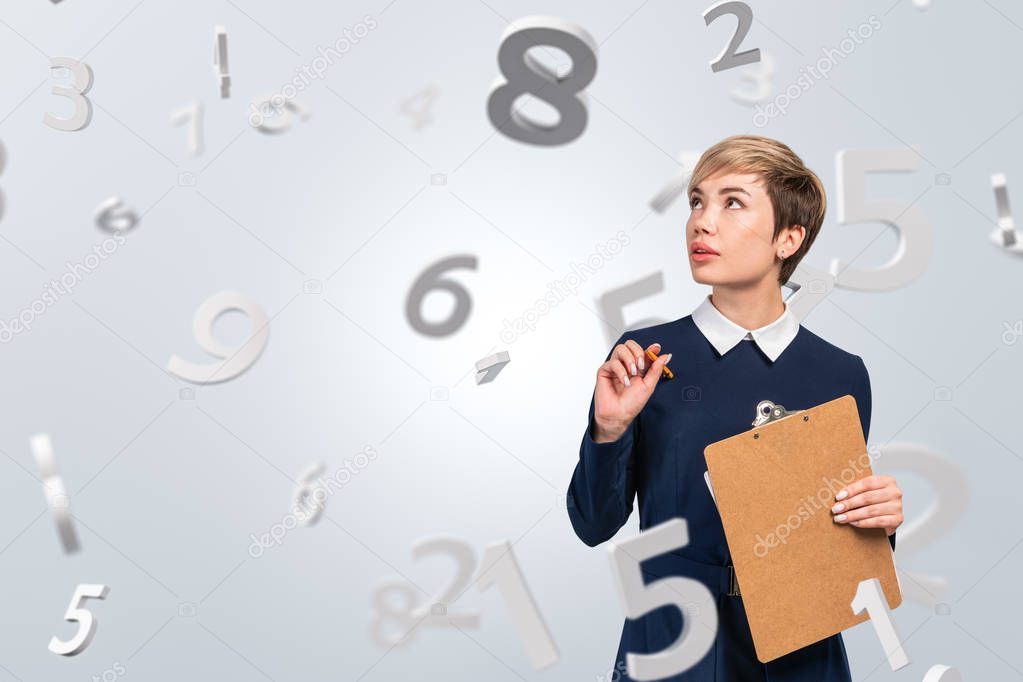 Asian woman with clipboard, numbers on white