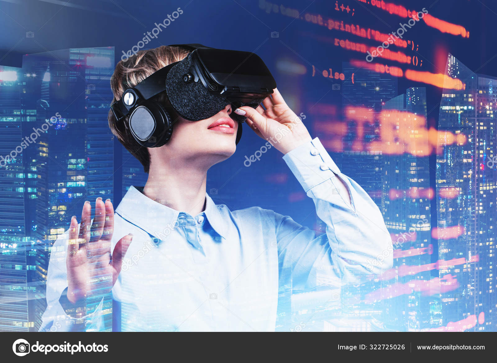 Woman in VR headset coding in night city Stock Photo by ©denisismagilov
