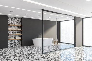 Küvetli gri ve mozaik banyo köşesi