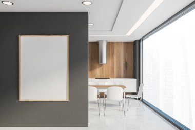 Ahşap ve gri çatı katı mutfağı posterli.