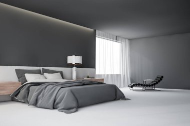 Koltuk ile Gri ana yatak odası köşesi