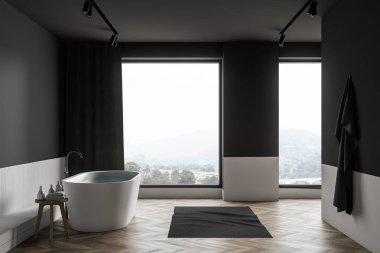 Küveti ve yan manzaralı gri ve beyaz çatı katı banyosu