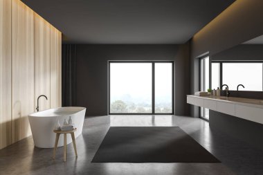 Gri ve ahşap banyo iç
