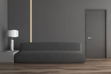 Minimalist gri koltuklu oturma odası.
