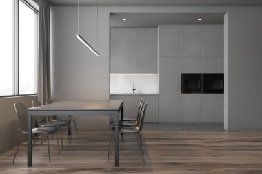 Gri mutfak ve yemek odası iç
